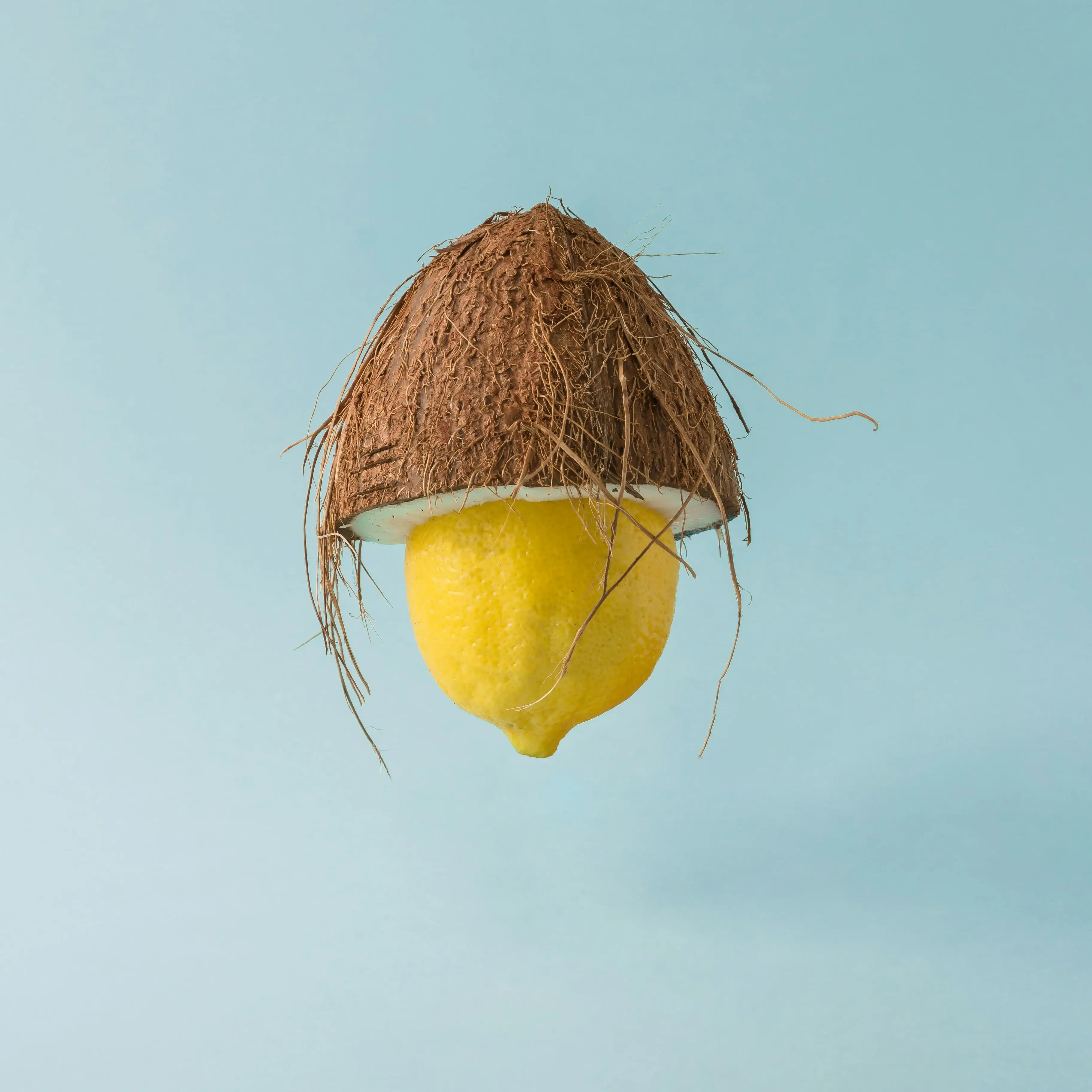 A lemon wearing a coconut shell hat